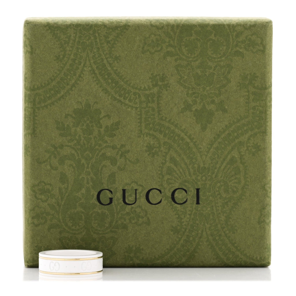 Gucci 18K Yellow Gold Ceramic Icon Band Ring 53 6.25 White