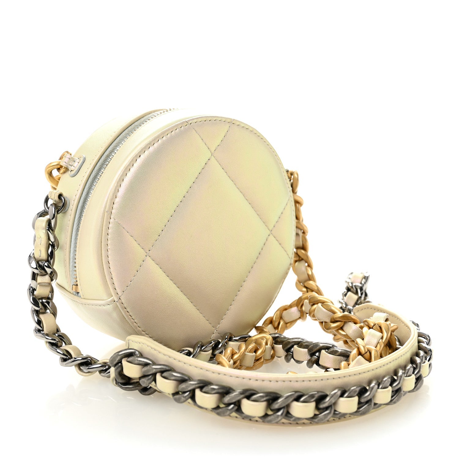 Chanel Iridescent Calfskin Quilted Chanel 19 Round Clutch With Chain White