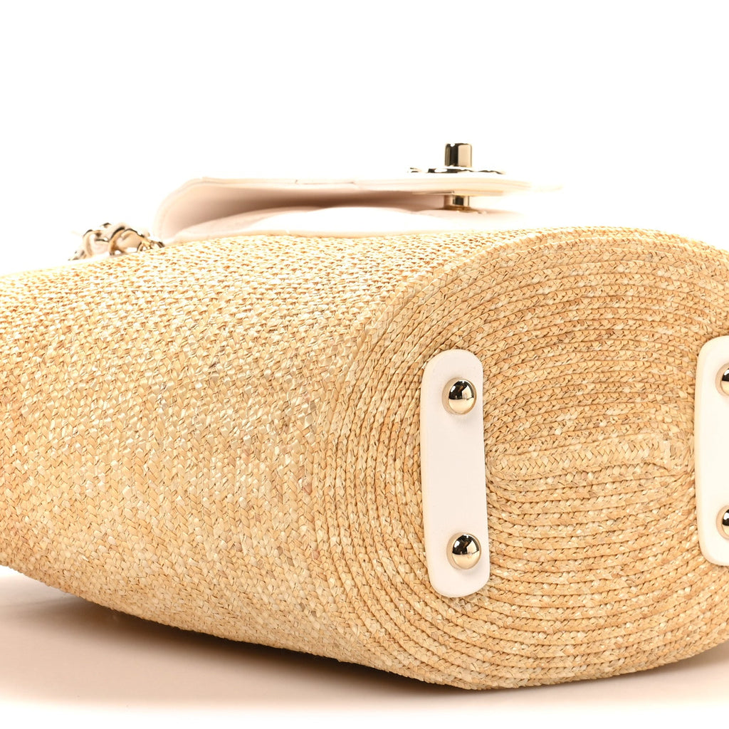 Chanel Raffia Braided Lambskin Small Shopping Tote Beige White