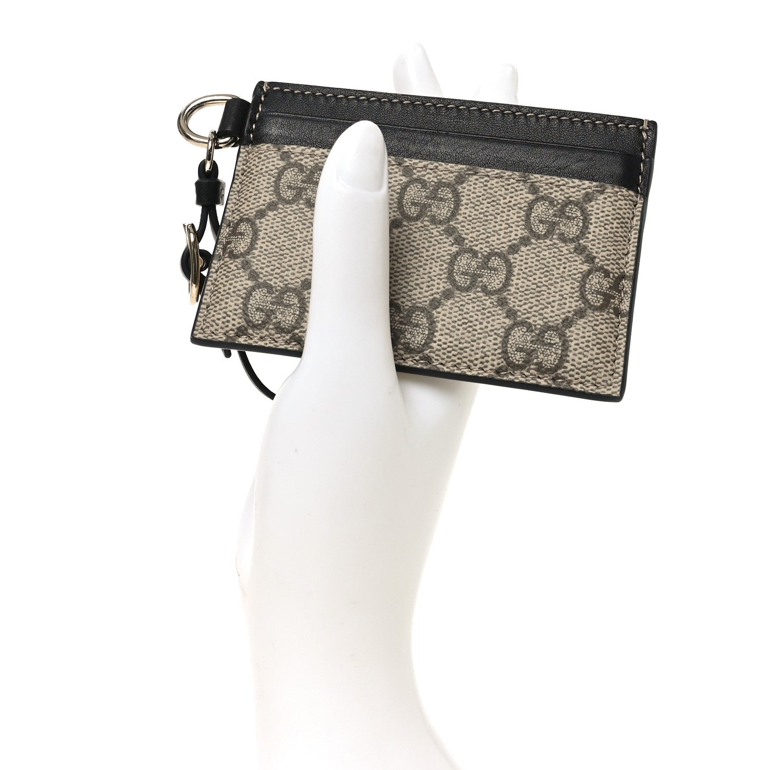 Gucci GG Supreme Monogram Calfskin Emblem Card Holder With Strap Beige Black