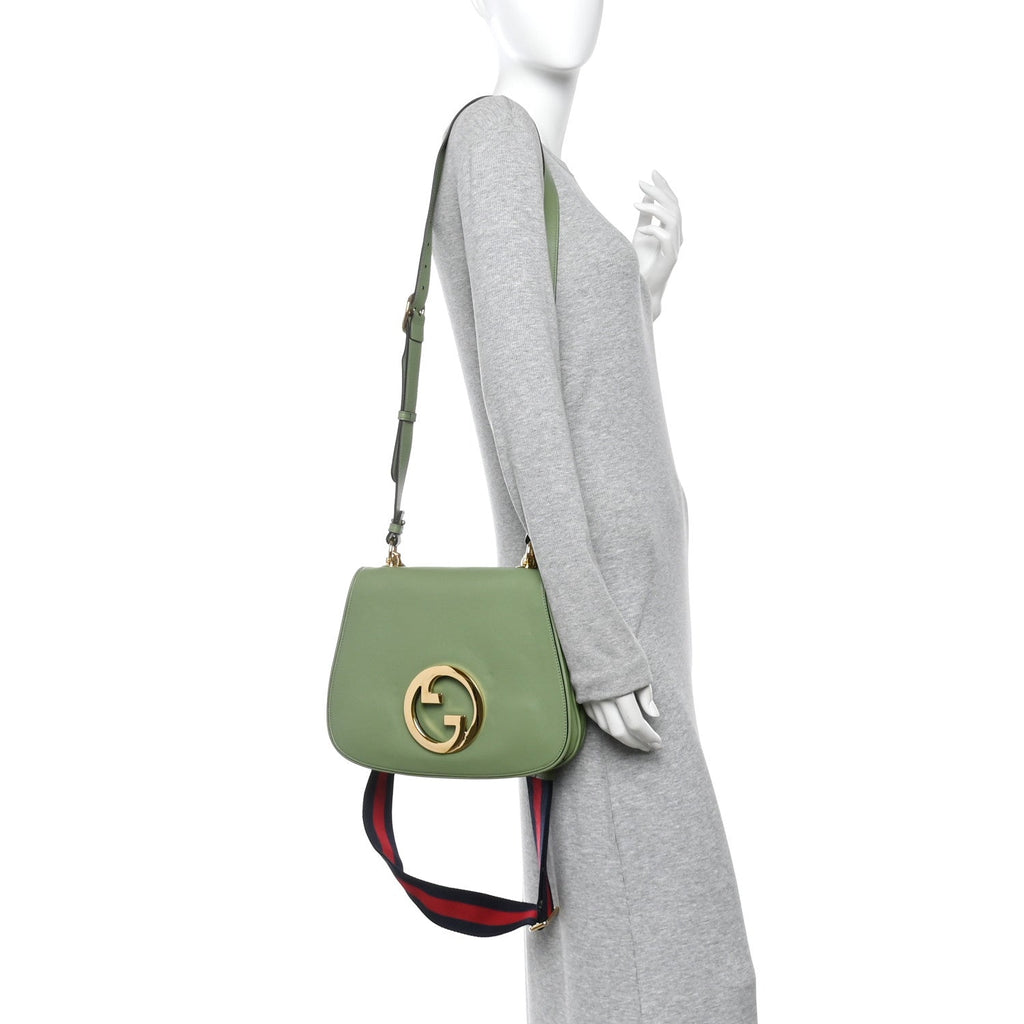 Gucci Roxy Calfskin Web Medium Blondie Top Handle Shoulder Flap Bag Salamander Green