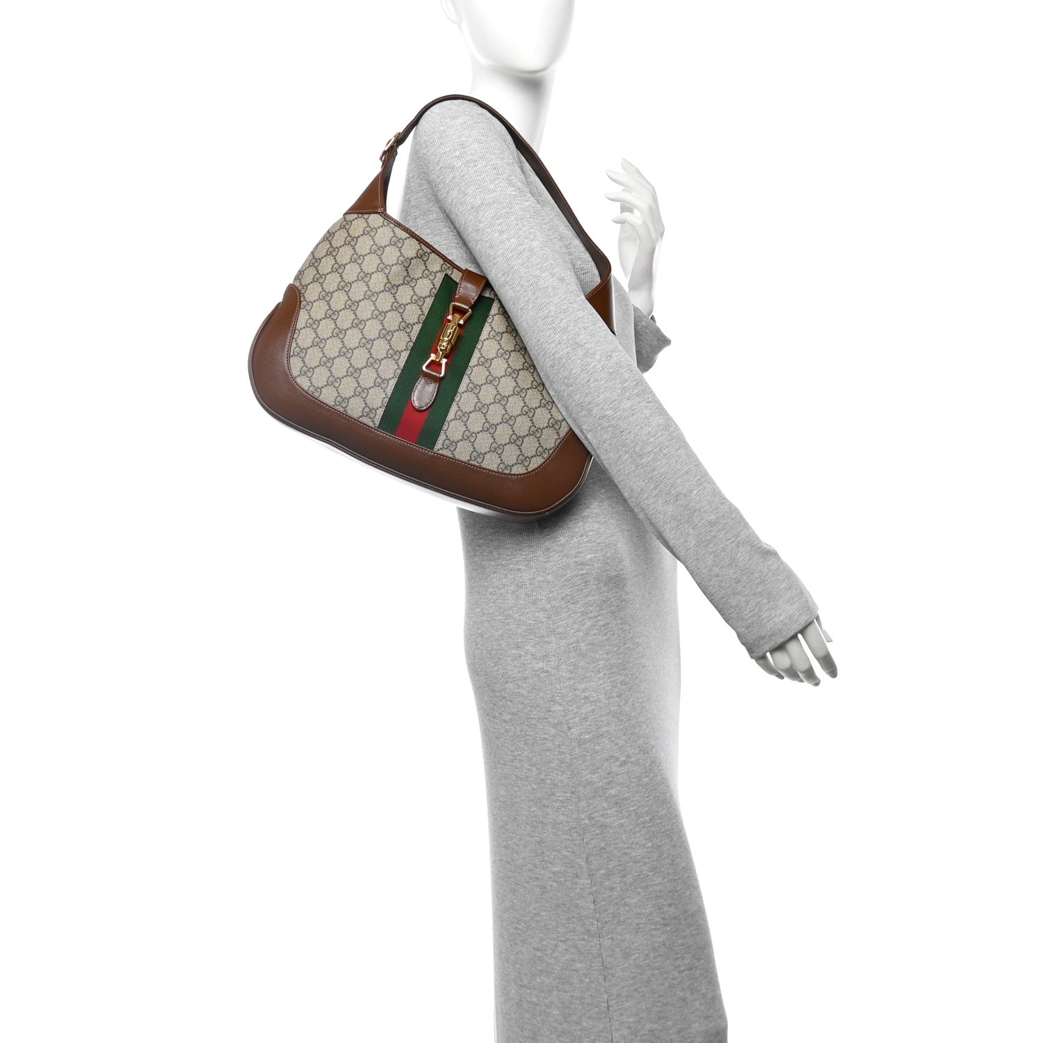 Gucci GG Supreme Monogram Azalea Calfskin Web Medium Jackie 1961 Hobo Beige Ebony Brown Sugar