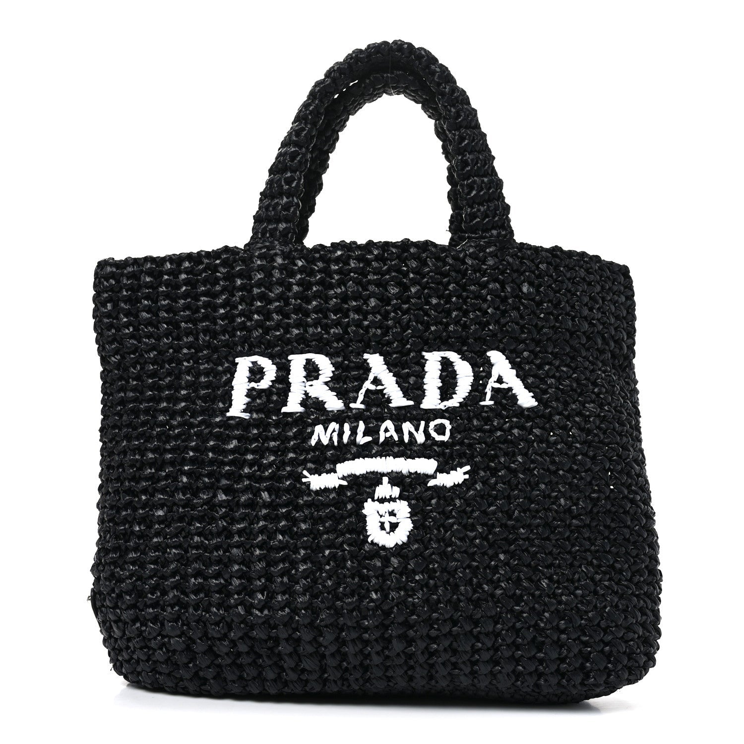 Prada Yarn Raffia Effect Crochet Small Logo Tote Black