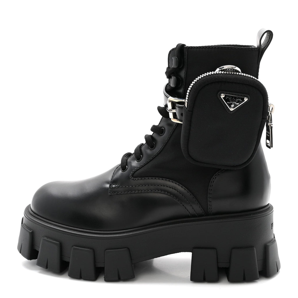 Prada Spazzolato Rois Nylon Metal Triangle Logo Monolith Pouch Pocket 55mm Boots 37 Black