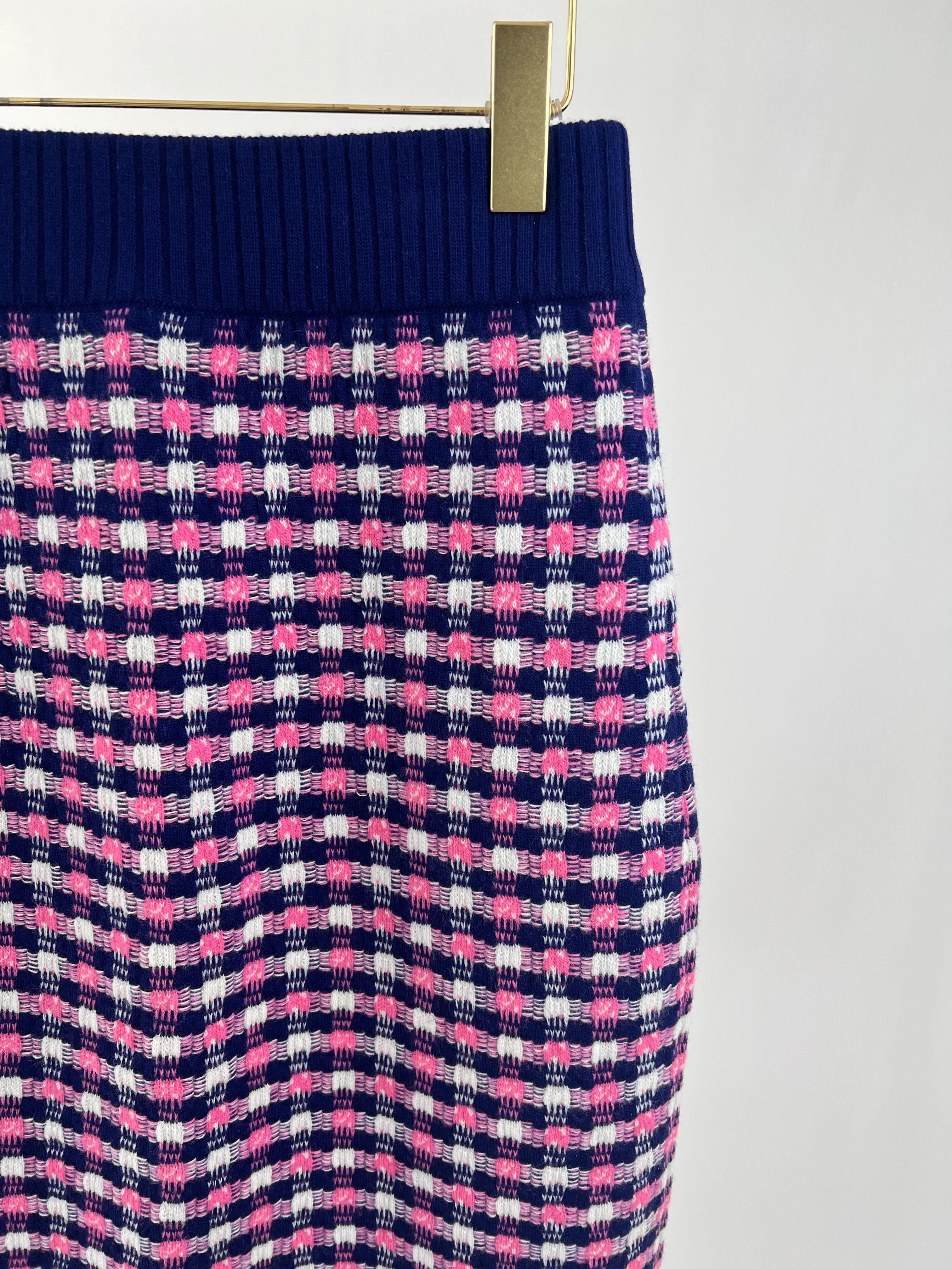 Gucci Pink, White and Purple Check Knitted Midi Skirt with Metallic Hem Size M (UK 10)