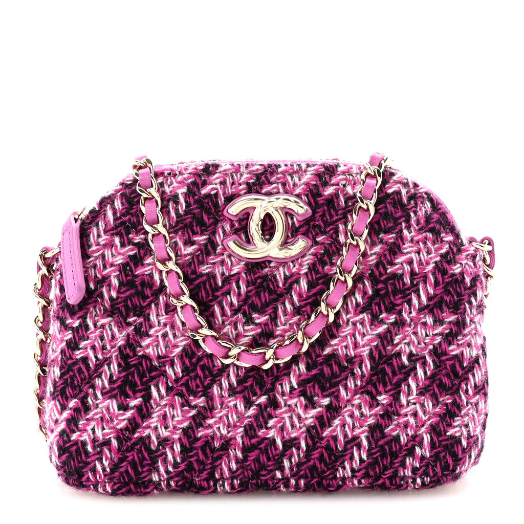 Chanel Tweed Quilted Mini Clutch With Chain Purple