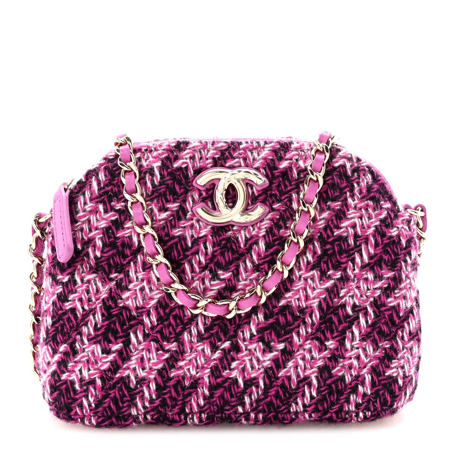 Chanel Tweed Quilted Mini Clutch With Chain Purple