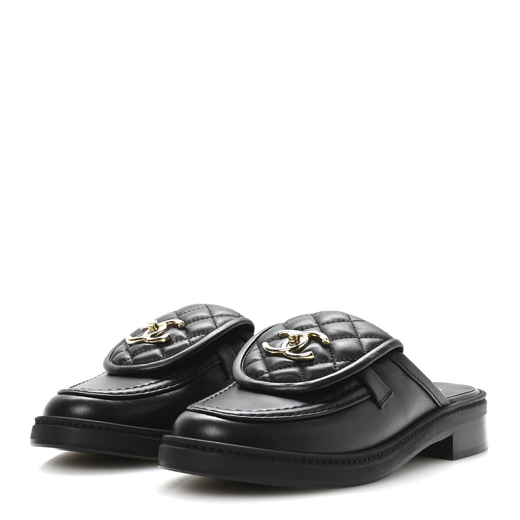 Lambskin Quilted CC Turnlock Mules 36.5 Black