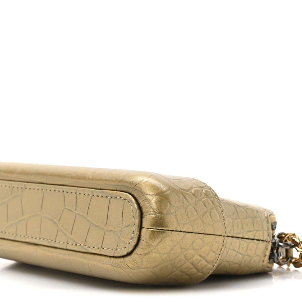 Chanel Metallic Calfskin Crocodile Embossed Small Gabrielle Clutch With Chain Gold