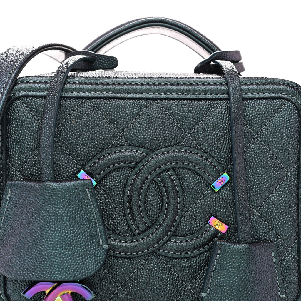 Chanel Iridescent Caviar Quilted Small CC Filigree Vanity Case Dark Turquoise