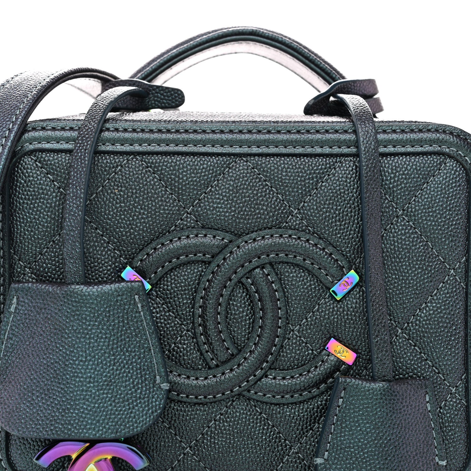Chanel Iridescent Caviar Quilted Small CC Filigree Vanity Case Dark Turquoise
