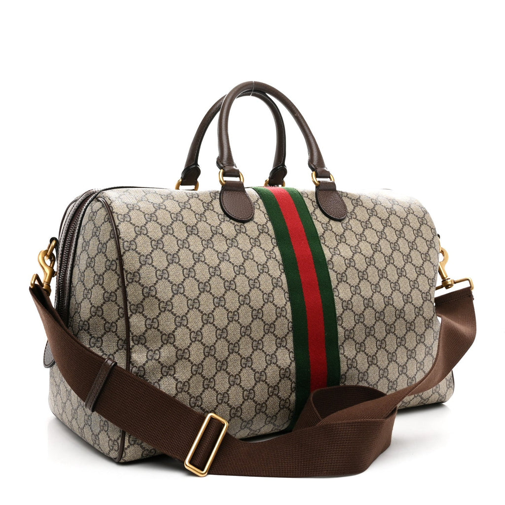 Gucci GG Supreme Monogram Textured Dollar Calfskin Web Medium Ophidia Carry-On Duffle Bag Beige Ebony New Acero
