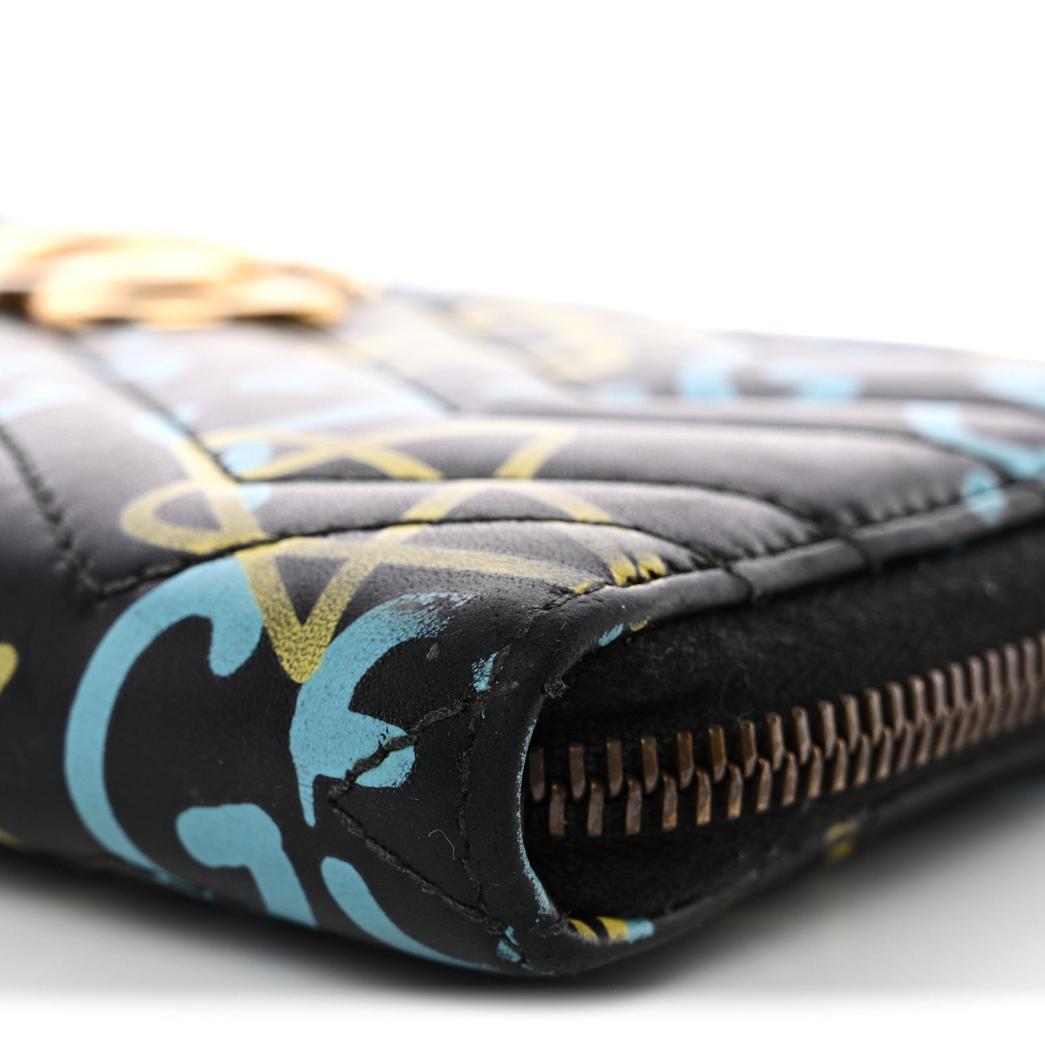 Gucci Calfskin Matelasse GucciGhost GG Marmont Zip Around Wallet Black New Acquamarine