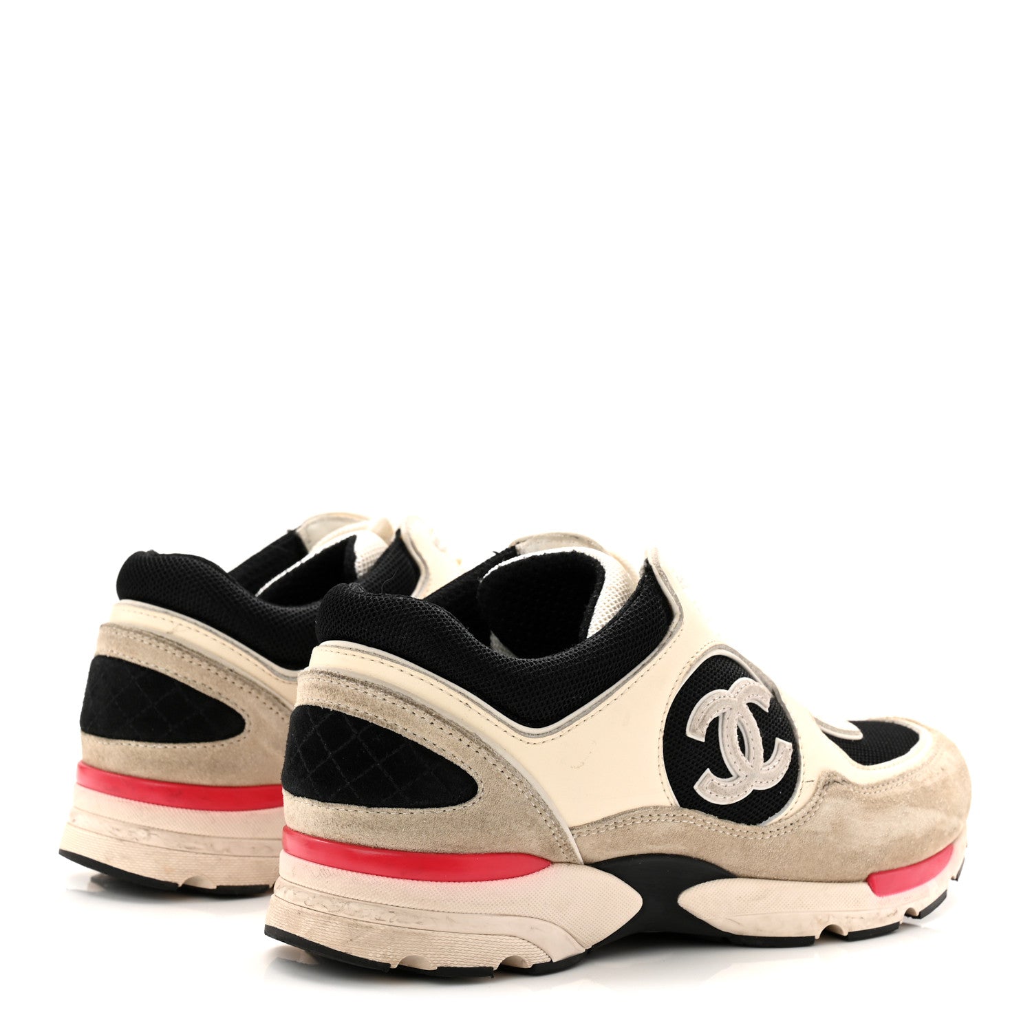 Mesh Suede Calfskin Grained Calfskin Womens CC Sneakers 38.5 White Black Pink