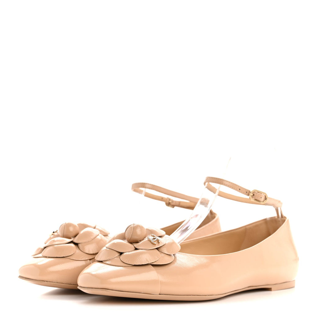 Chanel Shiny Calfskin Camellia Ankle Strap Ballerina Flats 36 Beige