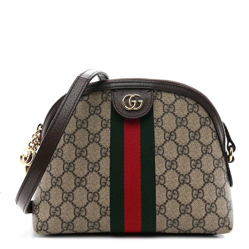 Gucci GG Supreme Monogram Textured Dollar Calfskin Web Small Ophidia Dome Shoulder Bag Beige Ebony New Acero