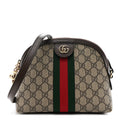 Gucci GG Supreme Monogram Textured Dollar Calfskin Web Small Ophidia Dome Shoulder Bag Beige Ebony New Acero