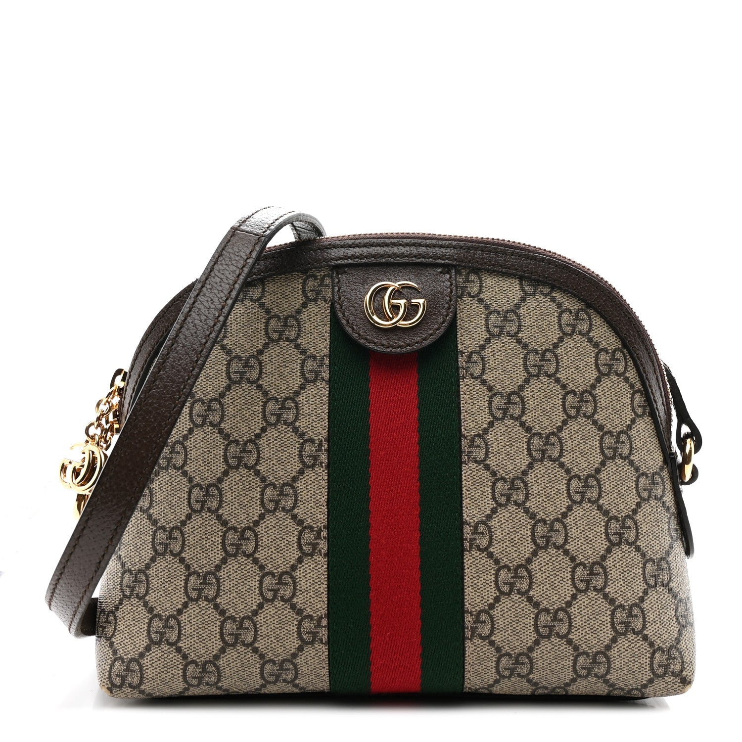 Gucci GG Supreme Monogram Textured Dollar Calfskin Web Small Ophidia Dome Shoulder Bag Beige Ebony New Acero