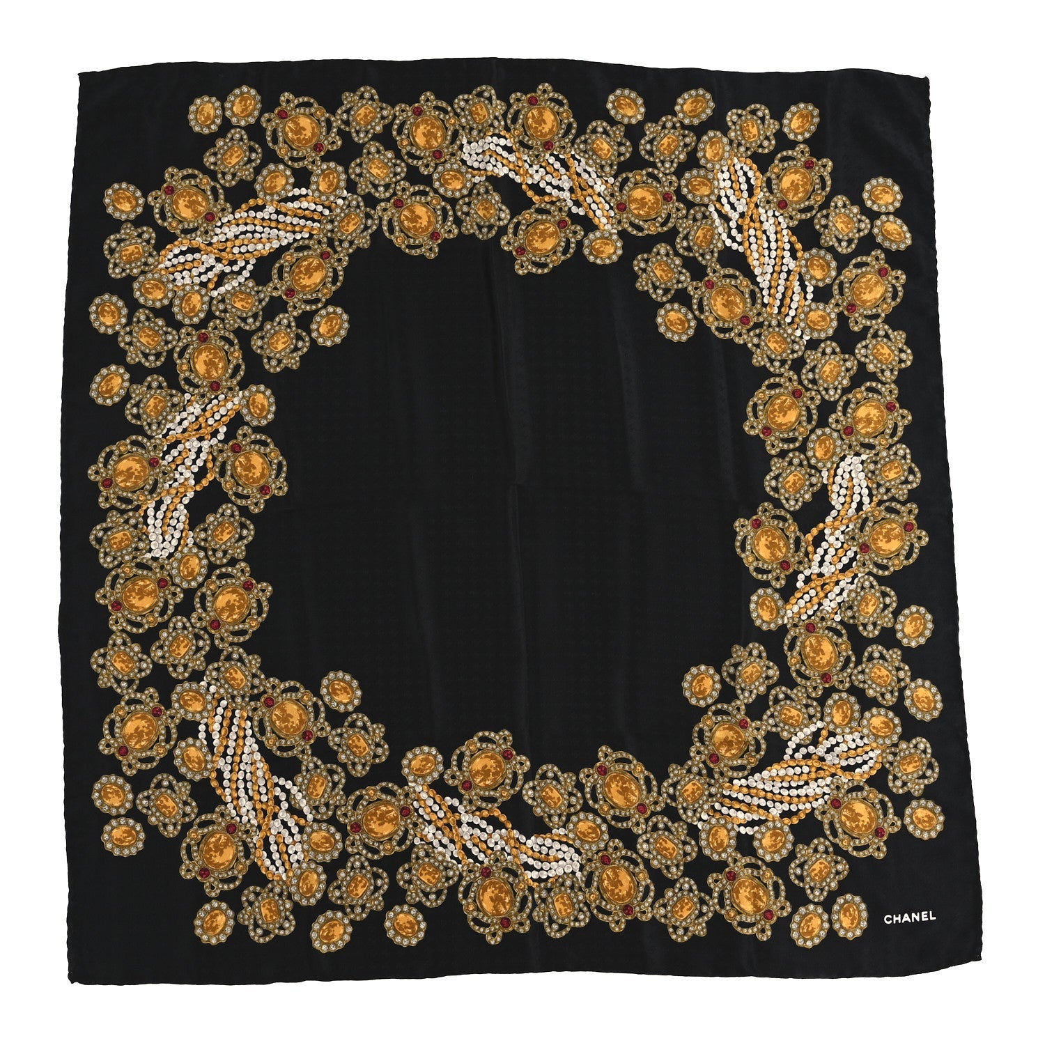 Chanel Silk CC Gripoix Pearls Square Scarf Black