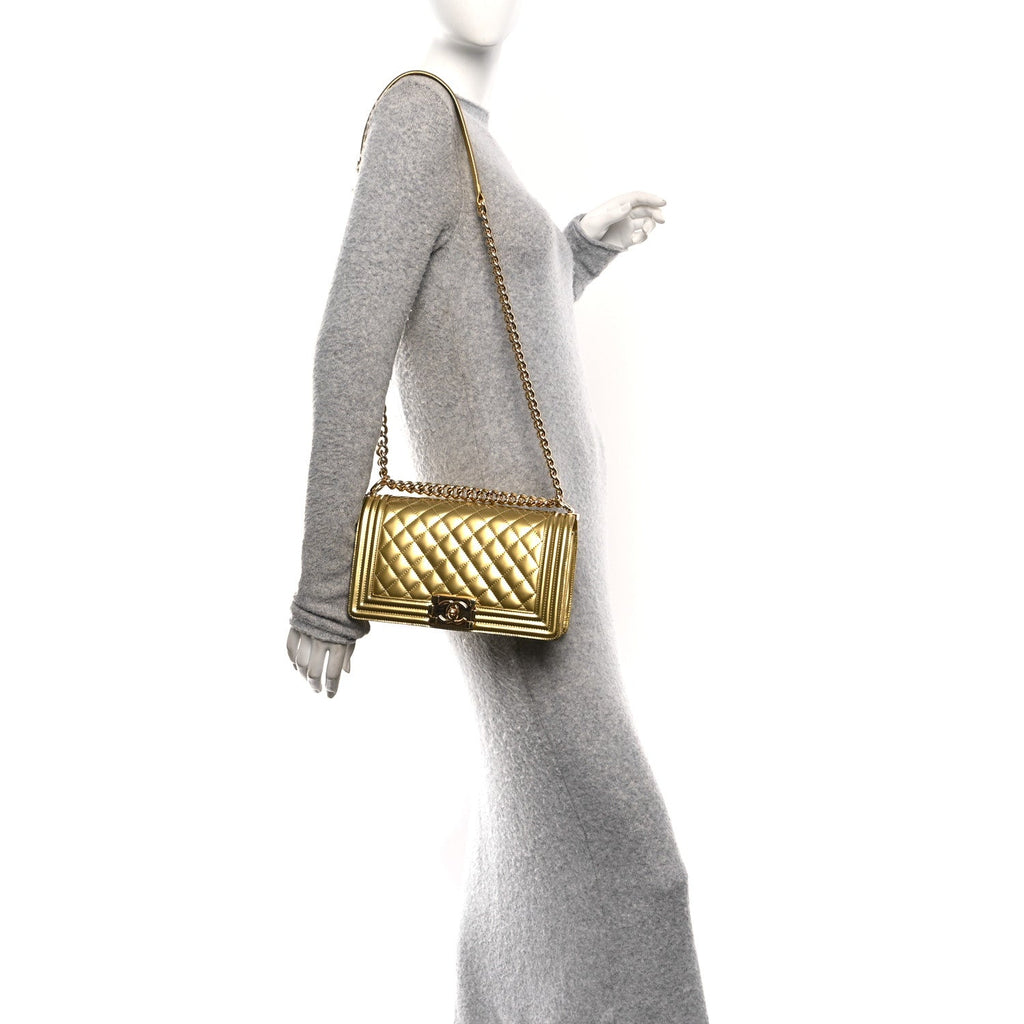 Chanel Metallic Patent Calfskin Quilted Medium Boy Flap Gold