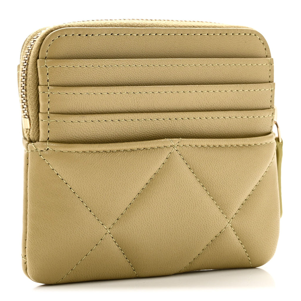 Lambskin Quilted Chanel 19 Zip Card Holder Wallet Light Green