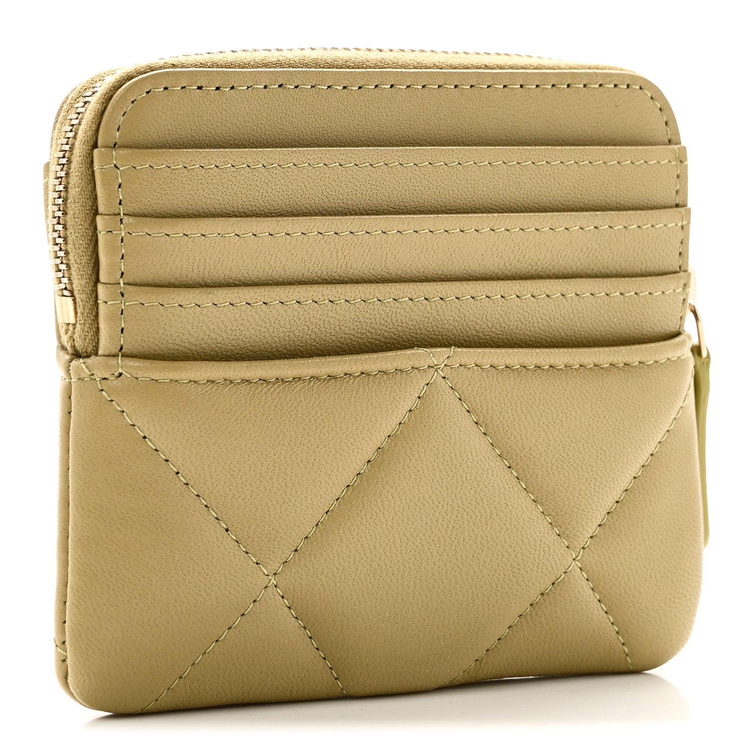 Lambskin Quilted Chanel 19 Zip Card Holder Wallet Light Green