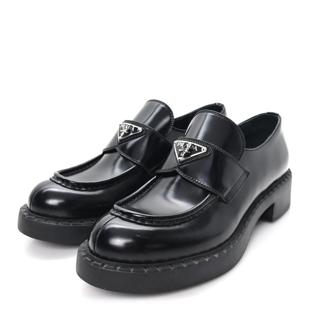 Prada Spazzolato Metal Triangle Logo 50mm Loafers 39 Black