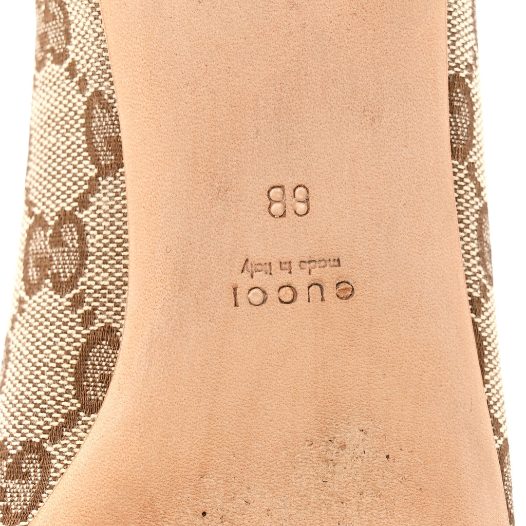 Gucci Monogram Miro Soft Calfskin Womens Horsebit Peep Toe Flats 6 Beige Ebony Mystic White