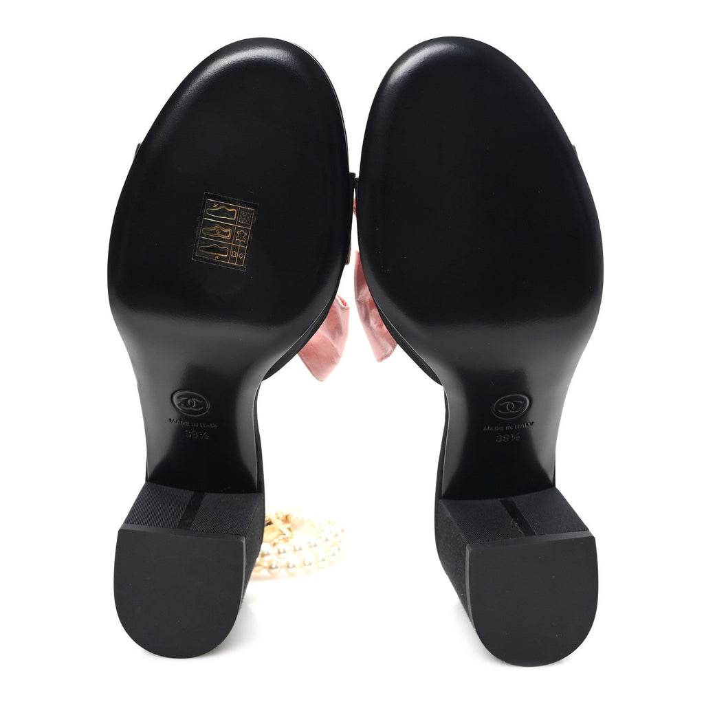 Chanel Silk Pearl Bow CC Ankle Strap Sandals 39.5 Pink Black