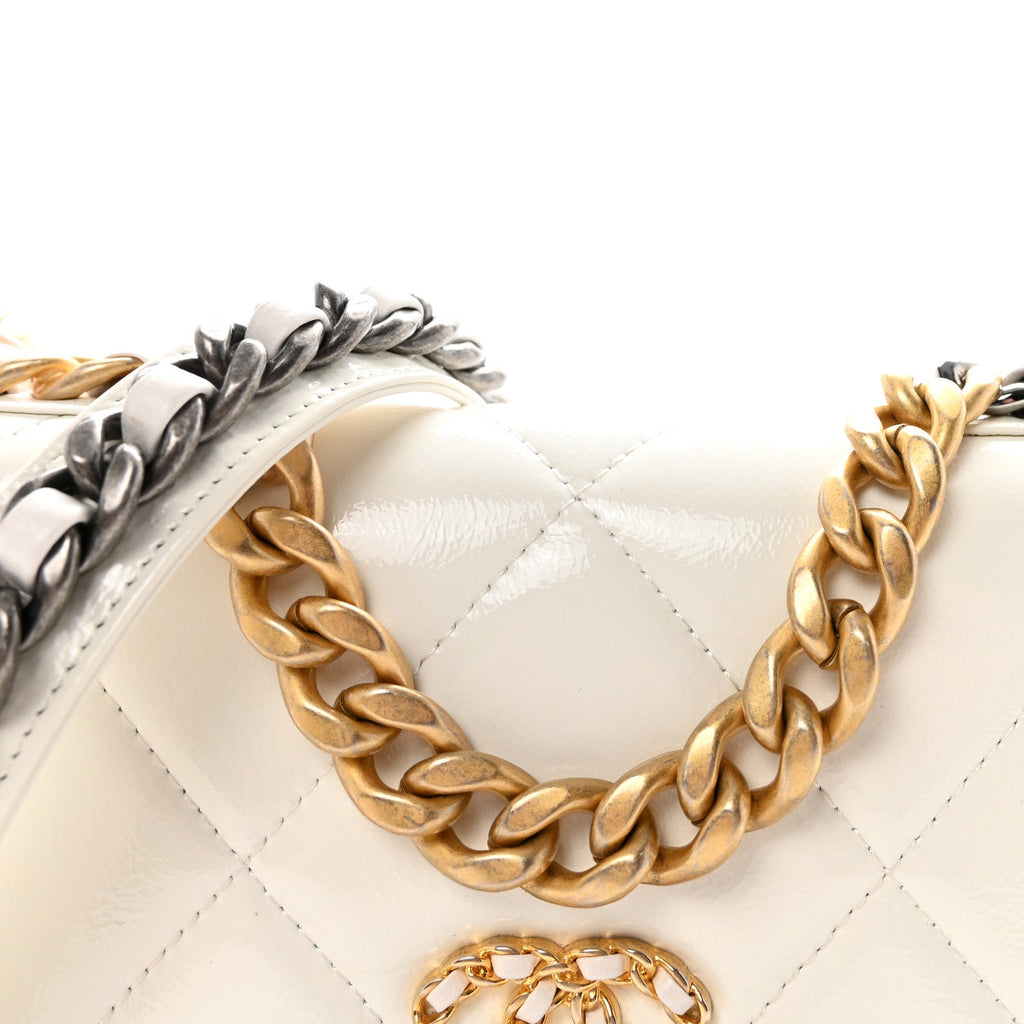 Chanel Shiny Crumpled Calfskin Quilted Chanel 19 Wallet On Chain WOC White