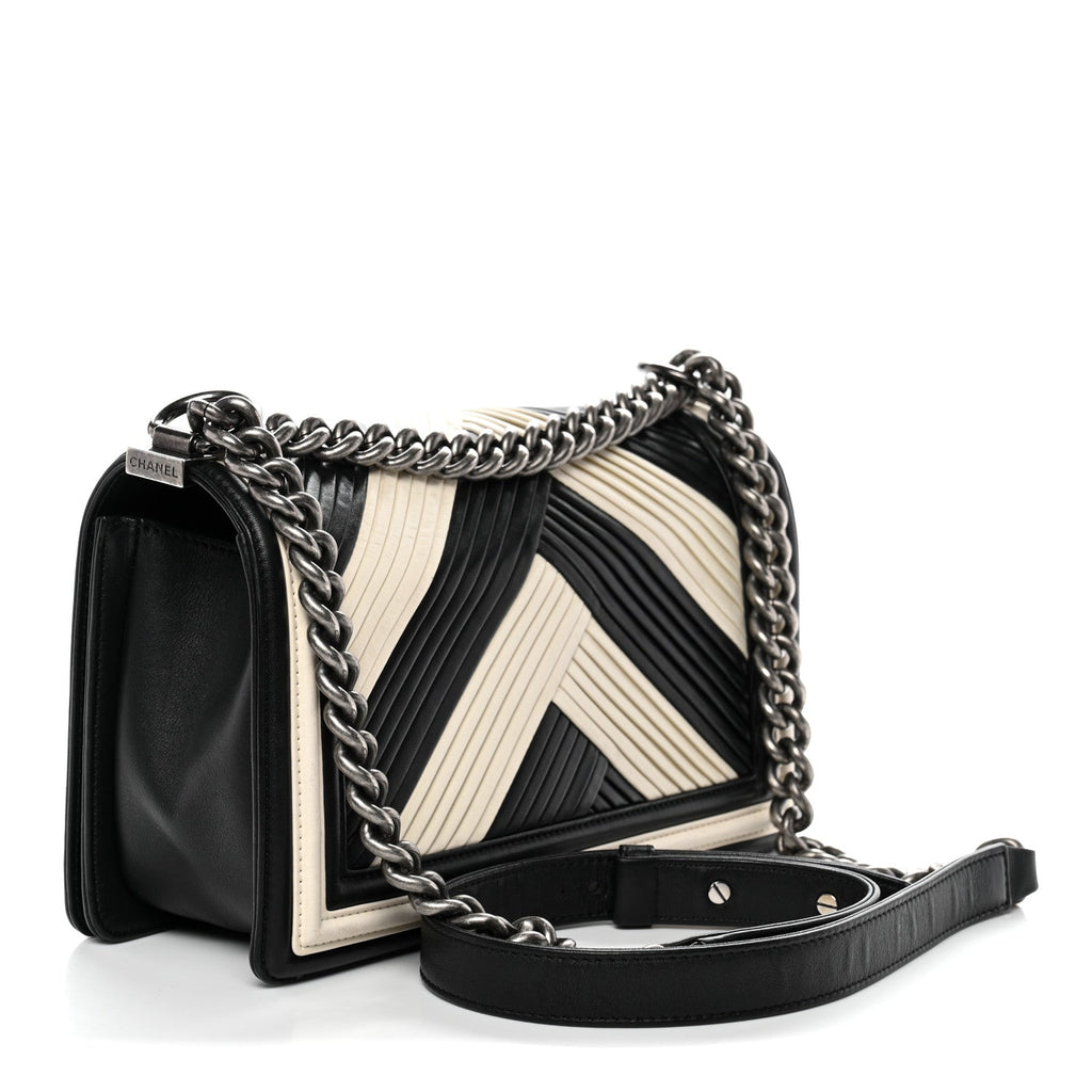 Chanel Calfskin Pleated Medium Boy In Rome Flap Black White
