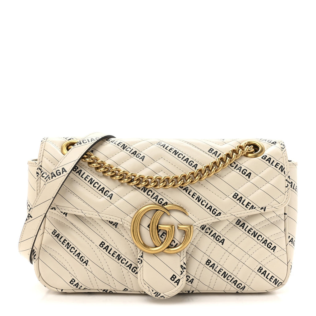 Gucci X BALENCIAGA Calfskin Matelasse Logo Print Small GG Marmont Shoulder Bag White