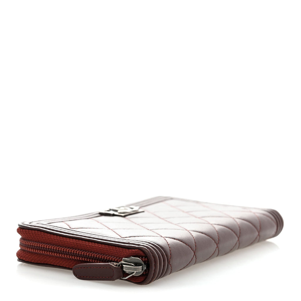 Lambskin Quilted Boy Zip Around Wallet Burgundy
