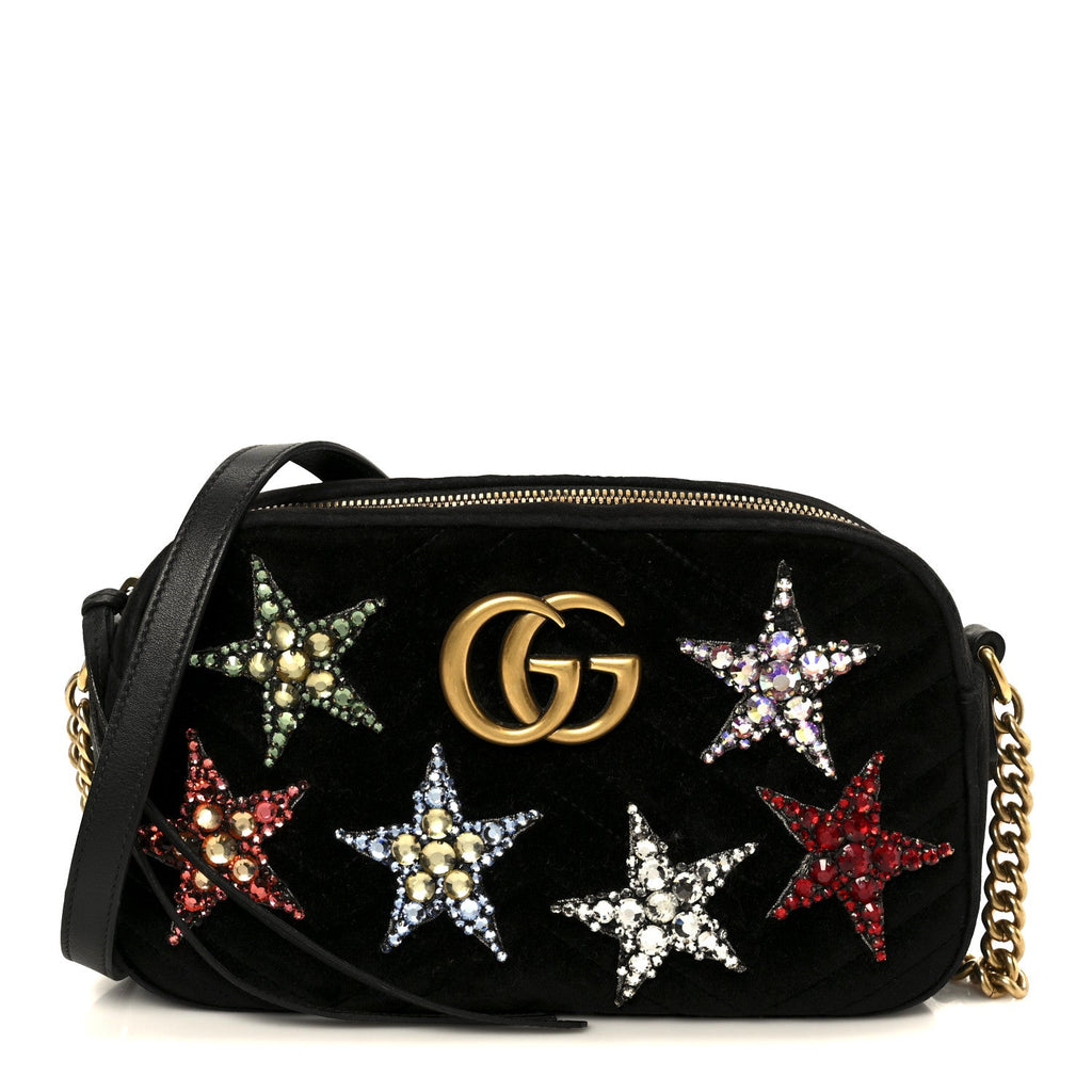 Gucci Velvet Matelasse Crystal Star Embroidered Small GG Marmont Chain Shoulder Bag Black