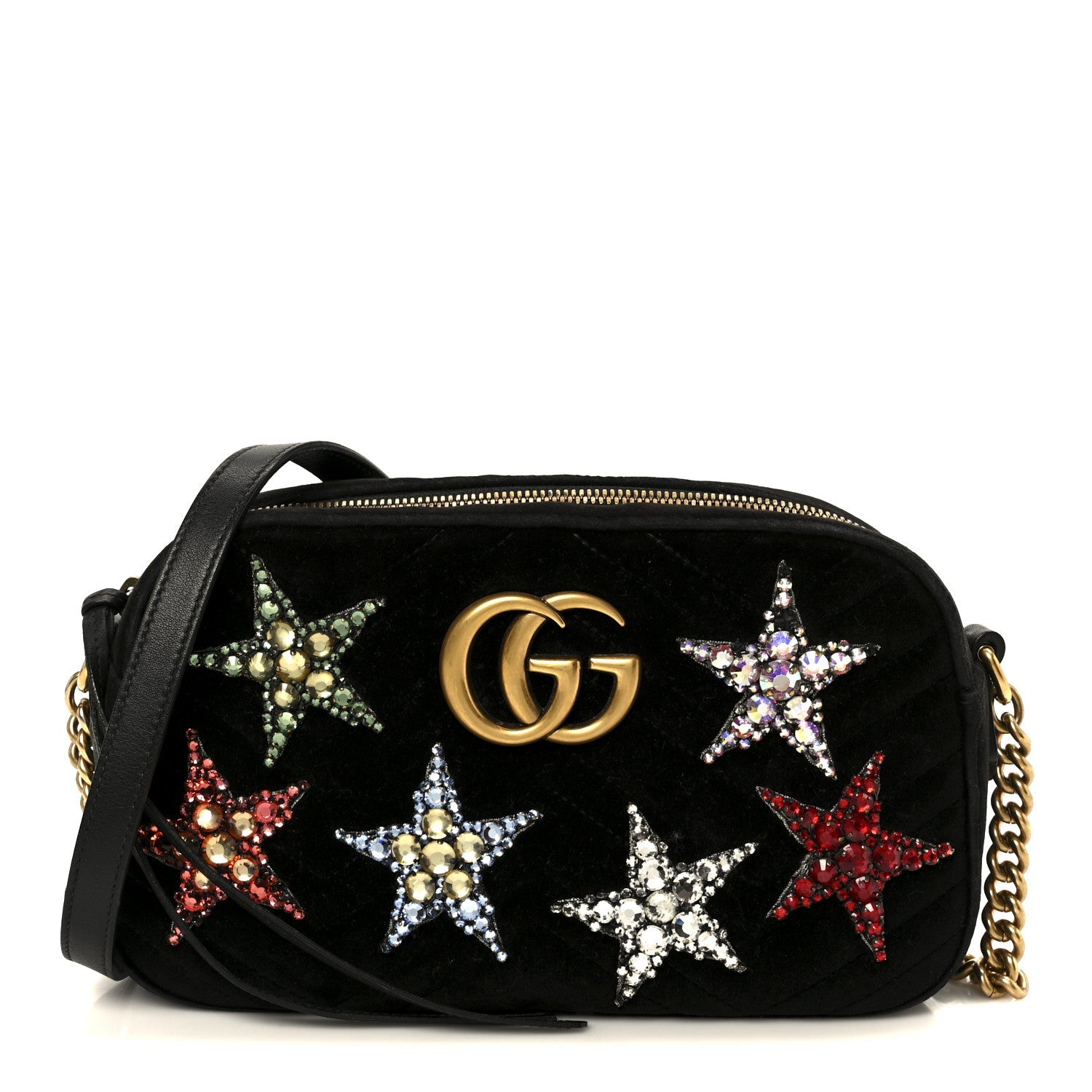 Gucci Velvet Matelasse Crystal Star Embroidered Small GG Marmont Chain Shoulder Bag Black