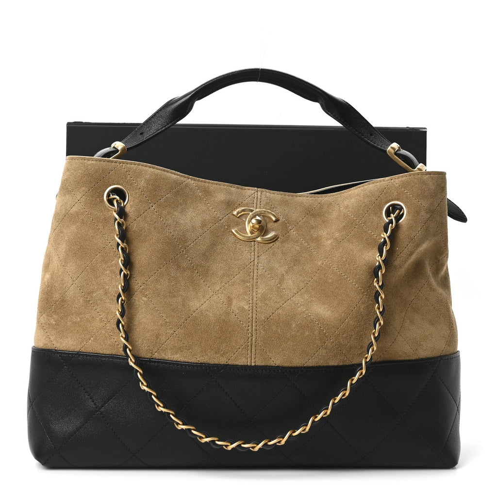 Chanel Suede Calfskin Shiny Lambskin Quilted Small Coco Base Shopping Bag Beige Black