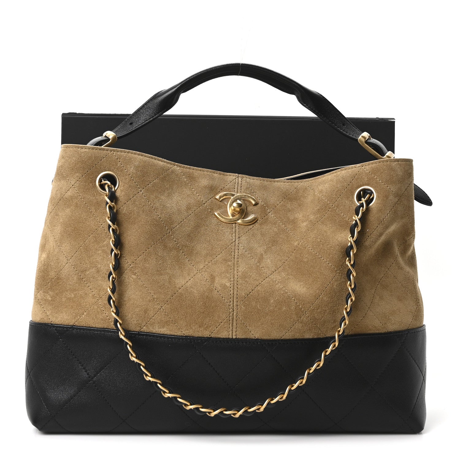 Chanel Suede Calfskin Shiny Lambskin Quilted Small Coco Base Shopping Bag Beige Black