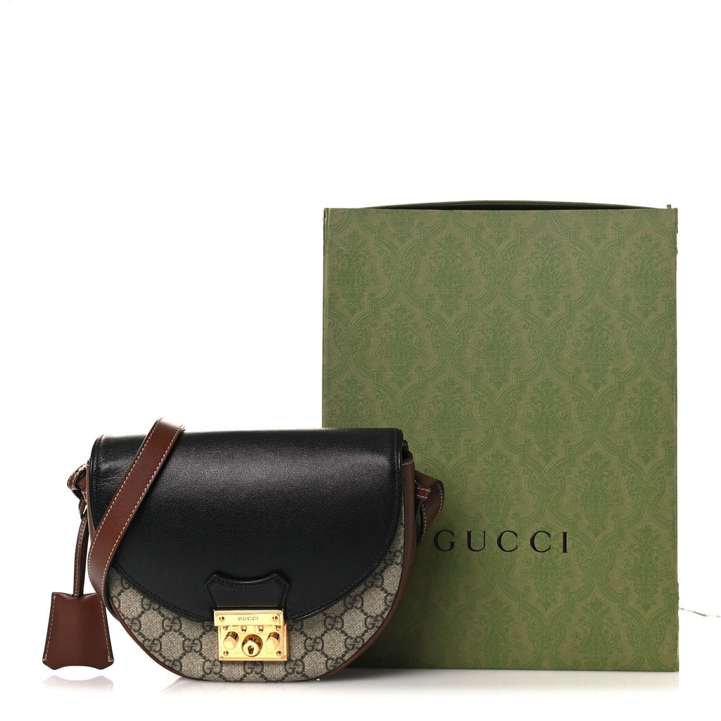 Gucci GG Supreme Monogram Calfskin Small Padlock Messenger Shoulder Bag Beige Black Cuir