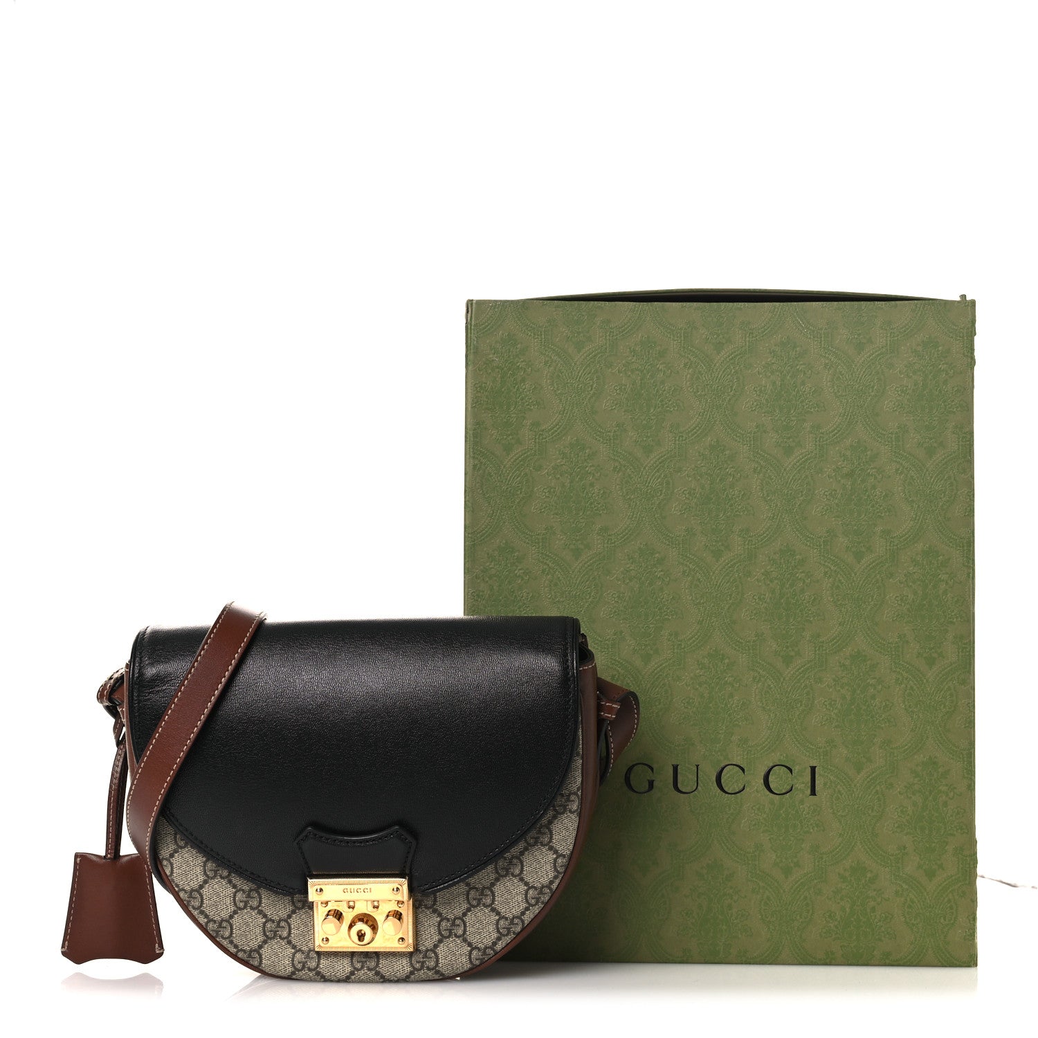 Gucci GG Supreme Monogram Calfskin Small Padlock Messenger Shoulder Bag Beige Black Cuir