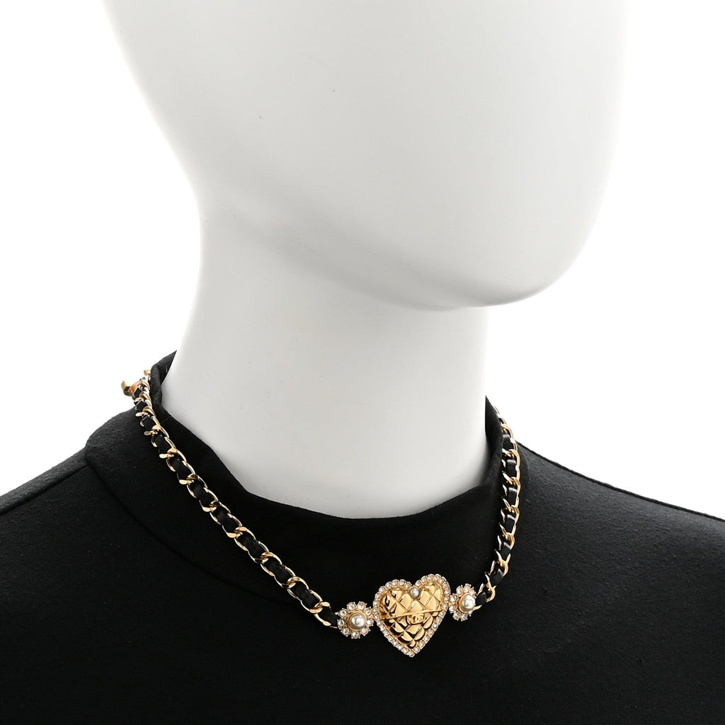 Metal Lambskin Glass Pearl Strass Heart Choker Gold Black