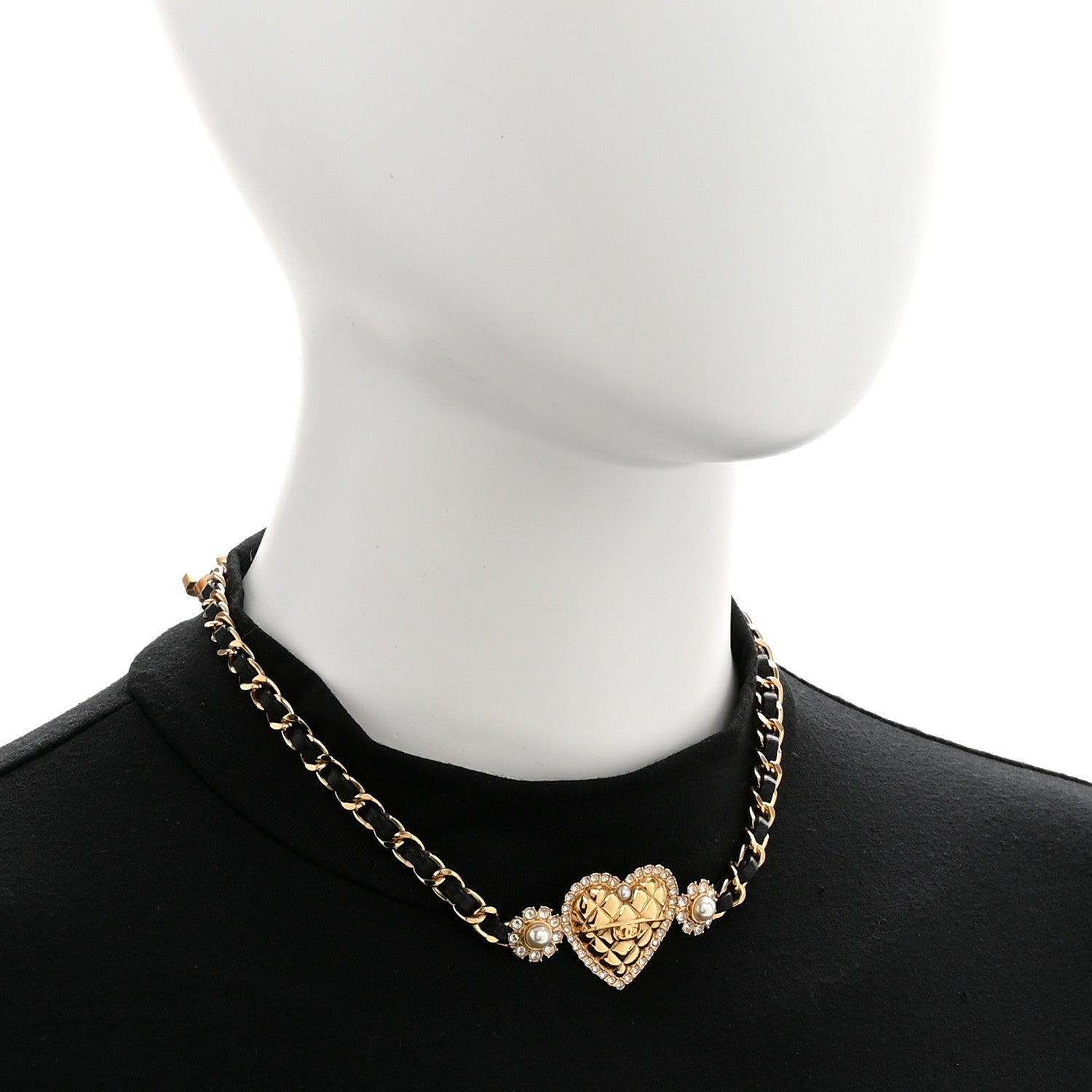Metal Lambskin Glass Pearl Strass Heart Choker Gold Black