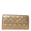 Metallic Lambskin Quilted Large Gusset Flap Wallet Gold