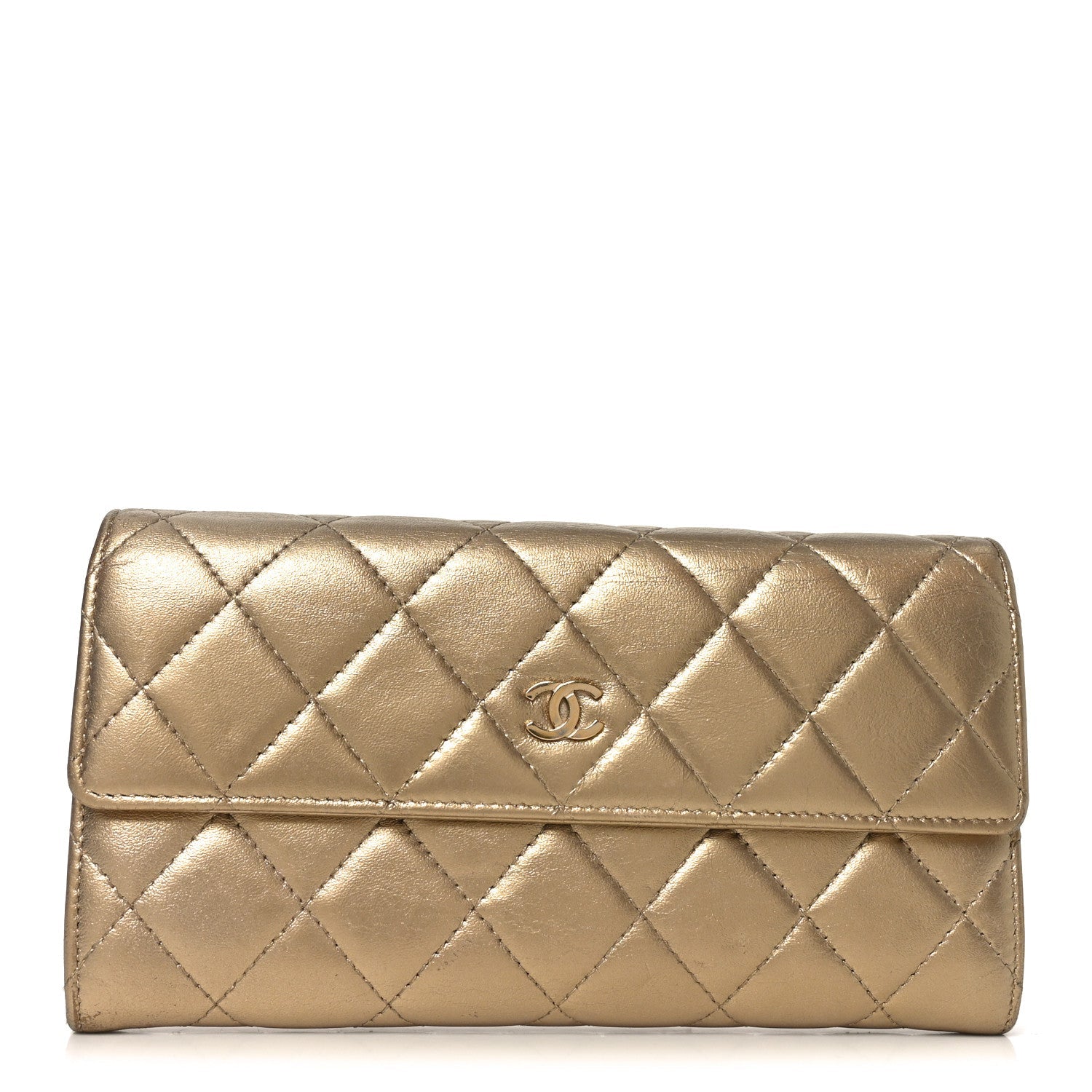 Metallic Lambskin Quilted Large Gusset Flap Wallet Gold