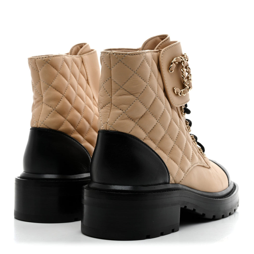 Lambskin Calfskin Quilted Lace Up Combat Boots 36.5 Beige Black