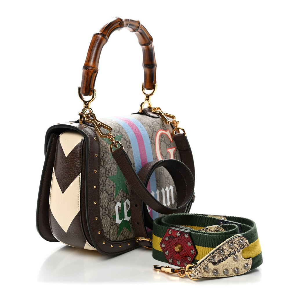 Gucci GG Supreme Monogram Studded Calfskin Centum Medium Bamboo 1947 Top Handle Bag Beige Ebony Multicolor