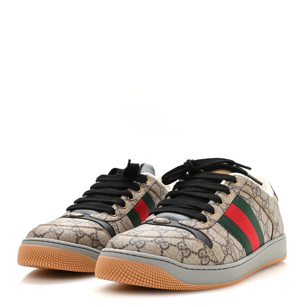 Gucci GG Supereme Monogram Miro Soft Calfskin Web Mens Screener Sneakers 9 Beige Ebony Black New Platinum