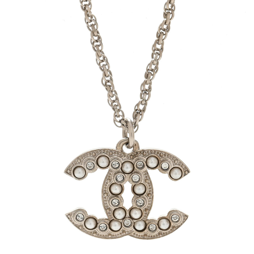 Crystal Pearl CC Pendant Necklace Silver