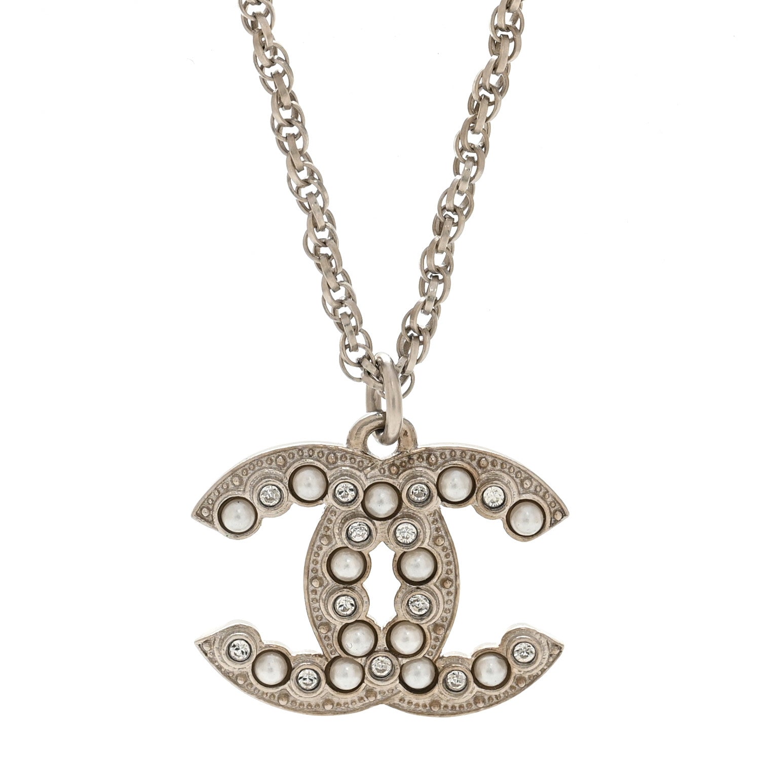 Crystal Pearl CC Pendant Necklace Silver