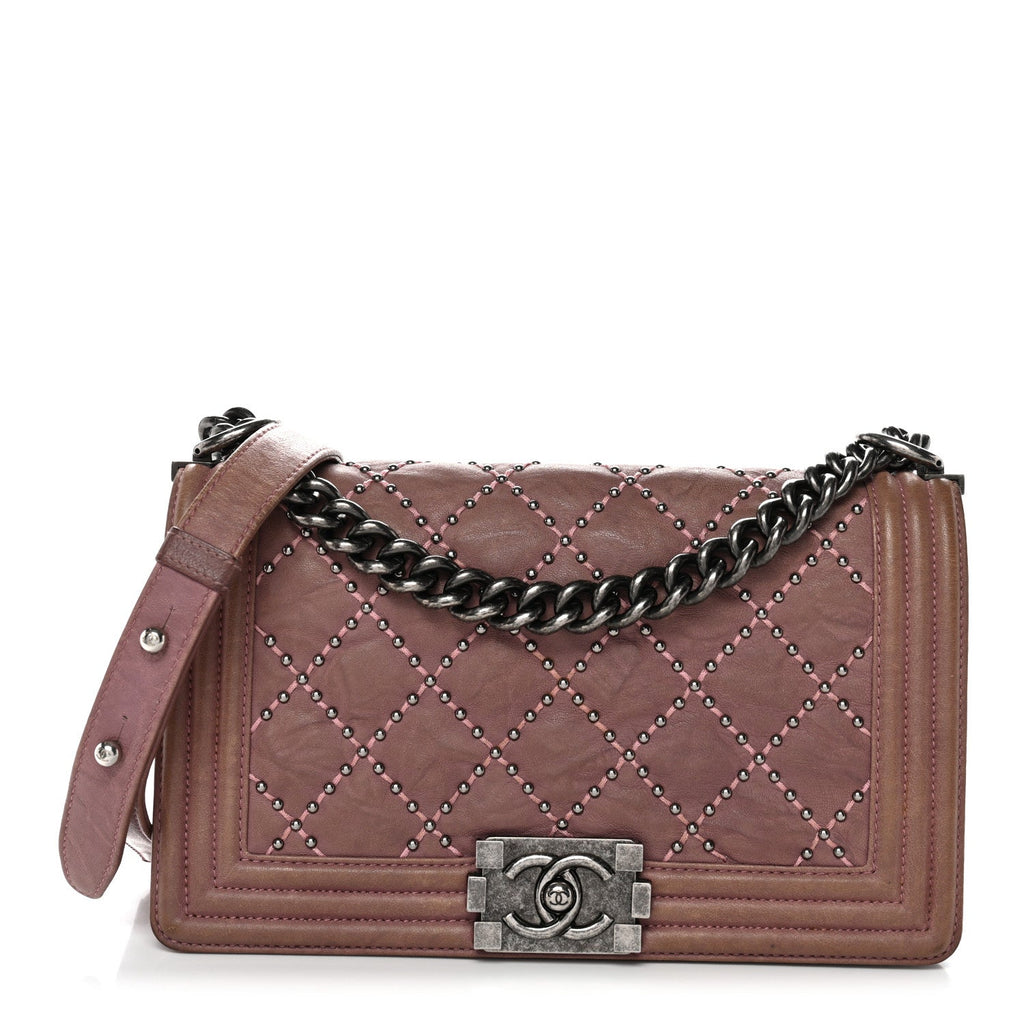 Chanel Crumpled Lambskin Medium Studded Boy Flap Pink