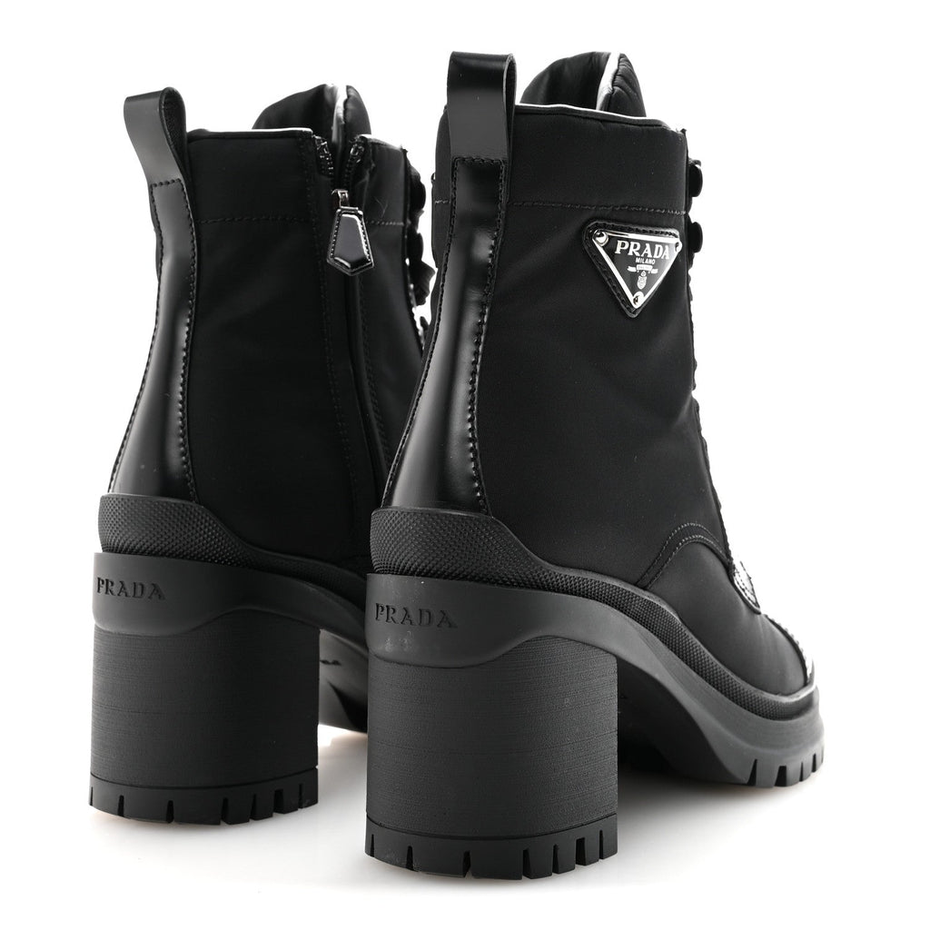 Prada Spazzolato Re-Nylon Metal Triangle Logo Lace Up 85mm Ankle Boots 36 Black